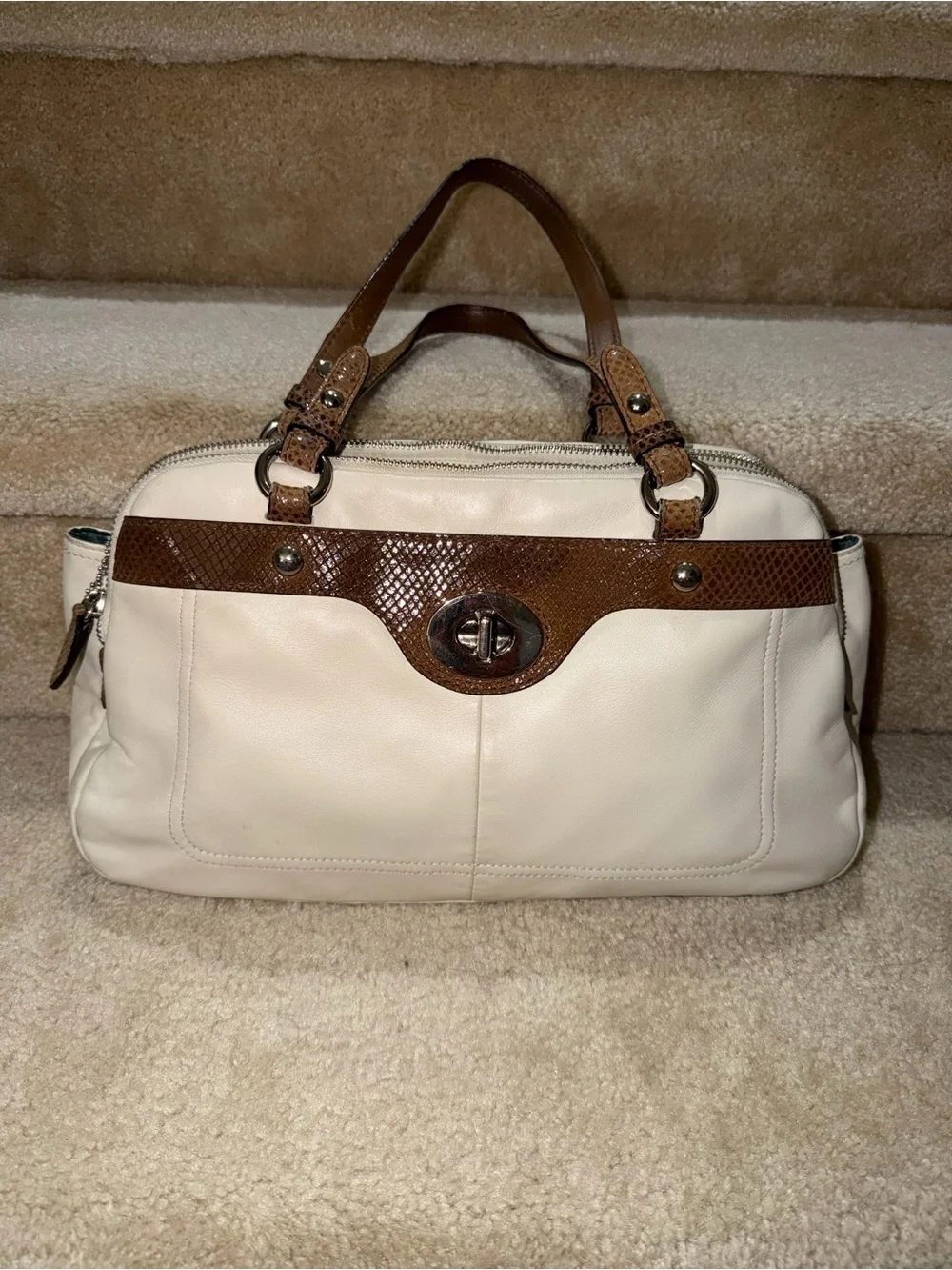 Coach Penelope Leather Satchel Ivory with Brown Snakeskin Trim Purse Handbag